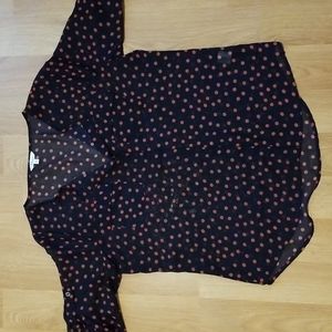 Reitmans dark navy and red/rust orange sheer polka dot pull over blouse M